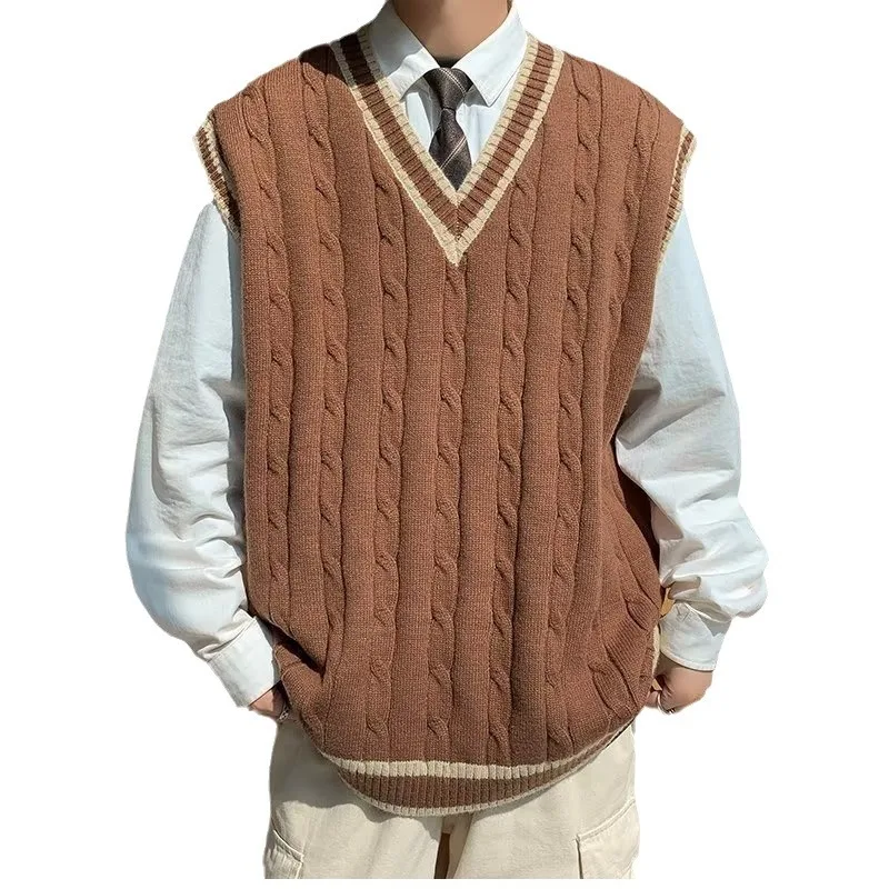 Sweater Vest Men V Neck Sleeveless Knitted Vests Tops Coats Knit Sweaters Splice Casual Loose Top Regular Autumn Winter