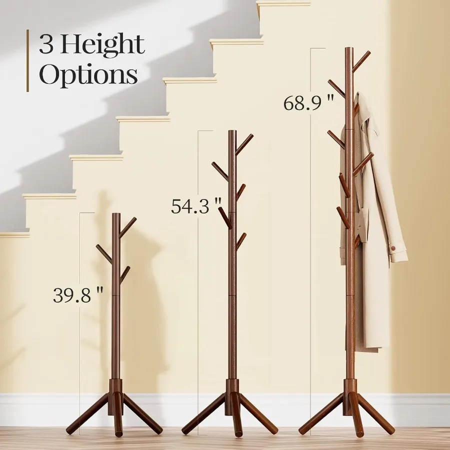 Sturdy Wooden Coat Tree with 8 Hooks and 3 Adjustable Height Settings Ideal for Organizing Clothes Hats and Accessories in Bedr