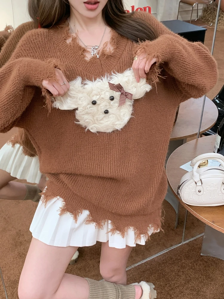 

Lazy Style Winter Elegant Women Knitting Sweater Sweety Girly O-Neck Cute Dog Pullovers Full Sleeve Loose Thickening Sweater