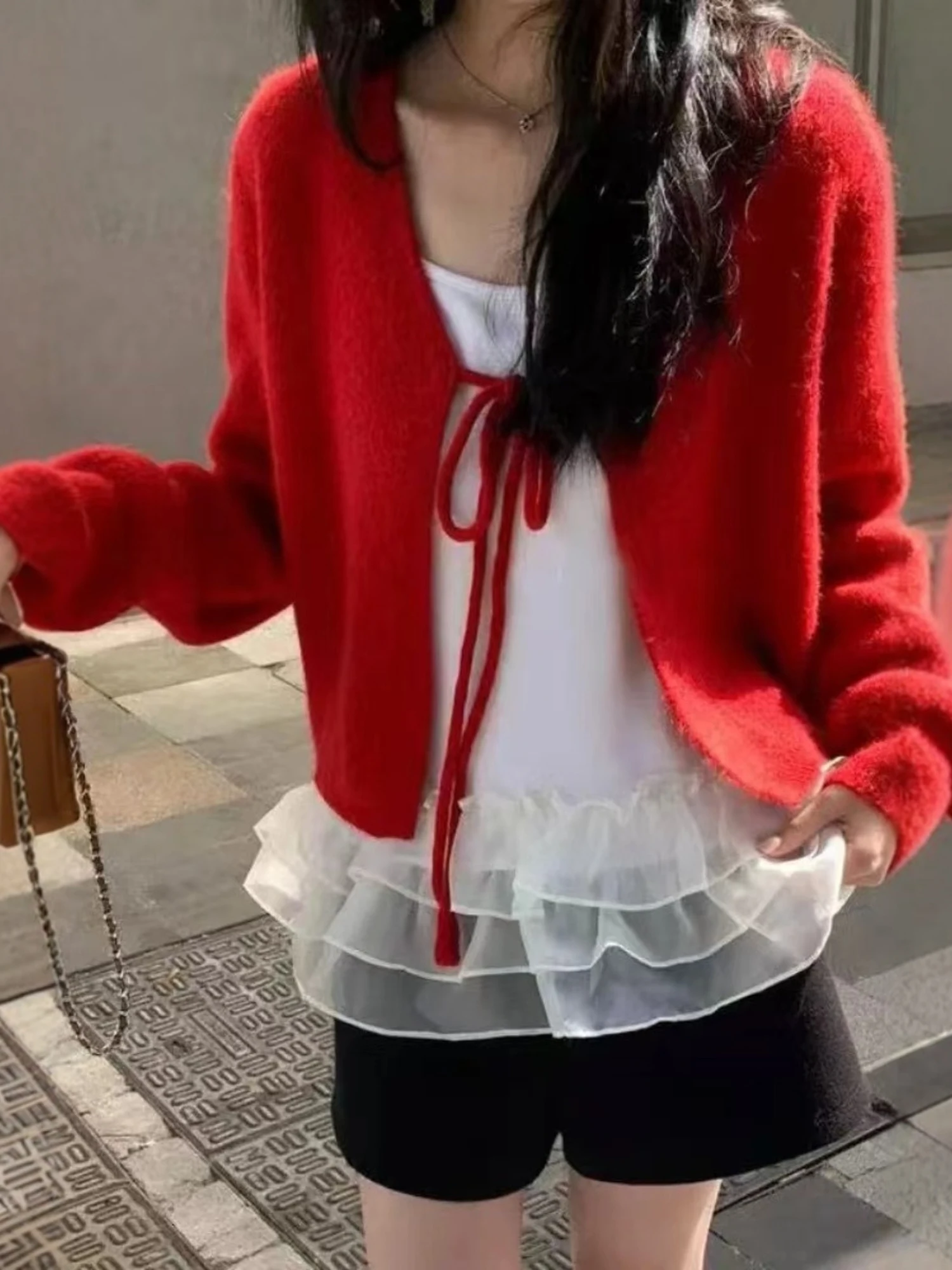 Sweet Style Red Knitted Cardigan And Vest Set Women's Spring Autumn Soft Wood Grain  Two Piece Suit Casual Comfortable