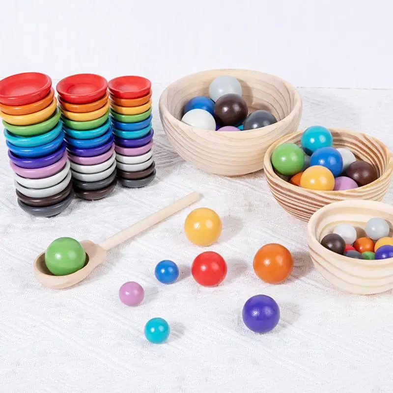 Kids Wooden Montessori Block Toys Color Sorting Bowls Dishes With Balls Sensory Rainbow Cups Small Plates Early Learning Gifts