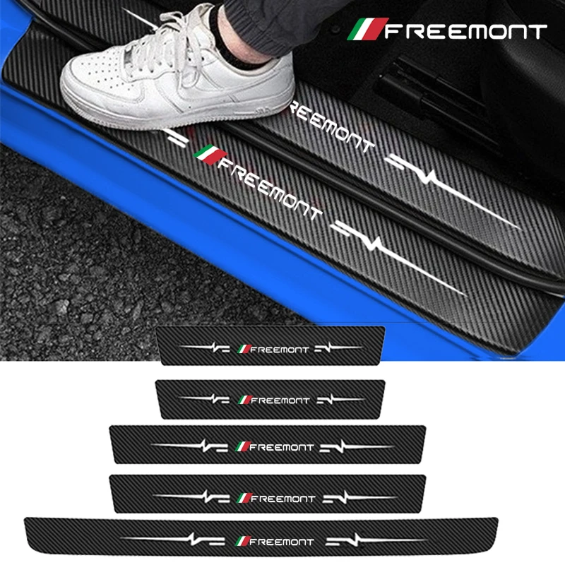 Car Pedal Guards Strip Sill Scuff Plate Decals Accessories For FIAT FREEMONT Logo Carbon Fiber Door Threshold Protector Stickers