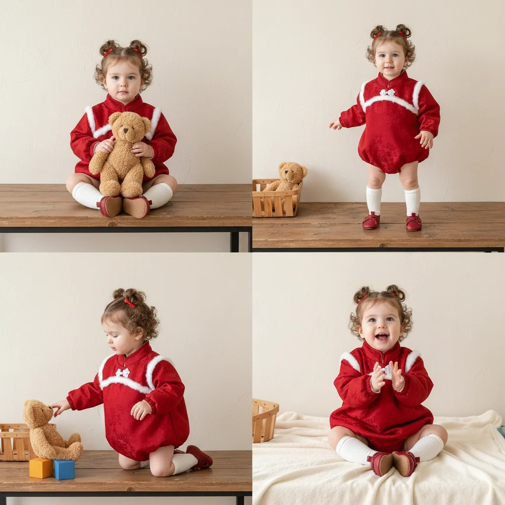 ملابس تهنئة للعام الجديد للفتيات الصغيرات، بذلة مثلثة منفوشة بأكمام طويلة على الطراز الصيني مع أزرار، لحديثي الولادة C #3