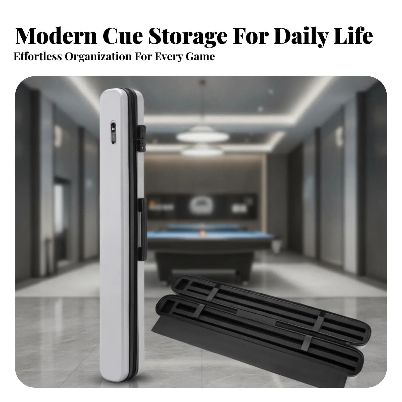 Secure Pool Cue Hard Case for 4 Billiard Sticks Silver Outer Black Trim Combination Lock Tube