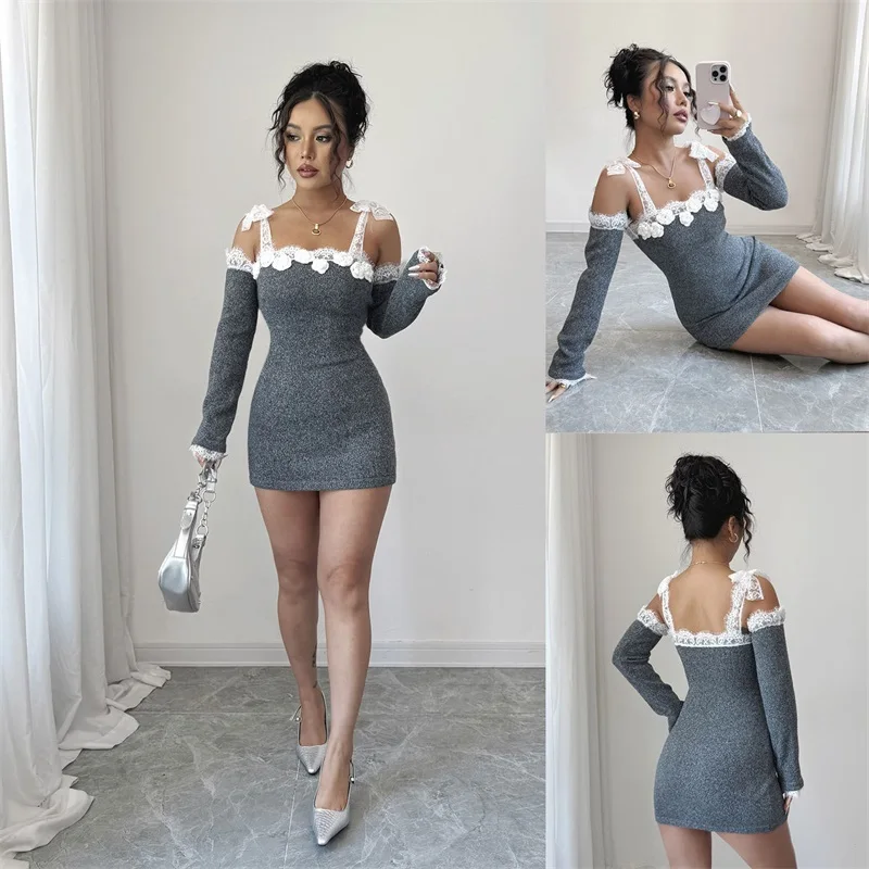 Fall Sexy Grey Prom Dress Lace Strap Long Sleeve Backless Mini Party Gown Knit Bodycon Slim Fit Casual Birthday Evening Robe