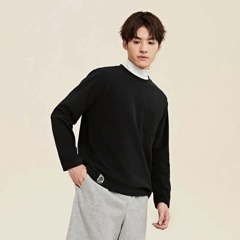 Semir Long-Sleeved T-Shirt Men Simple Solid Color Spring Polar Fleece Plus Velvet Round Neck Long-Sleeved Shirt