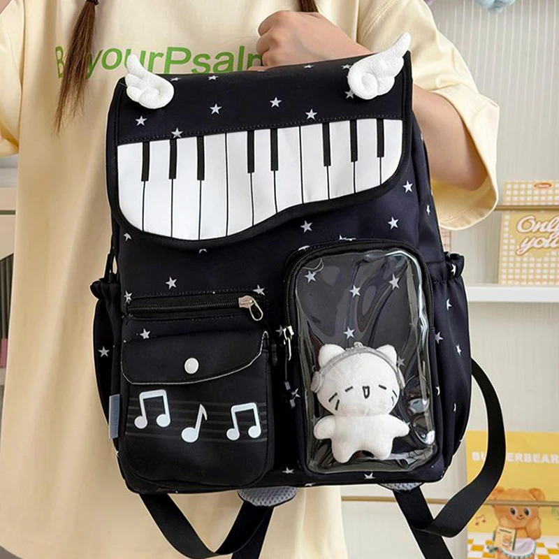 Y2k Star Piano Key Pattern Backpack Anime Cute Sweet Ita Bag Preppy Girls Transparent Pocket Badge Display Bag Angel Wings Decor