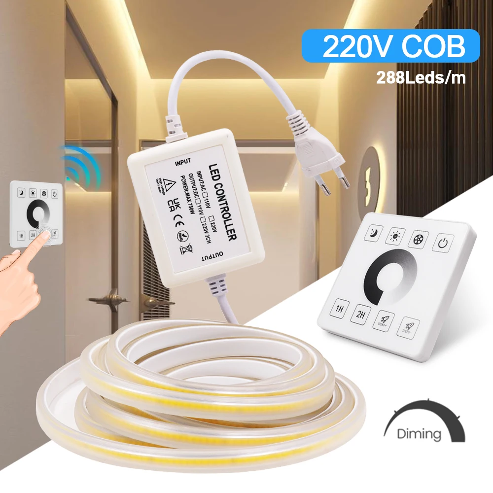 

110V 220V COB LED Strip Light 288LEDs/M IP67 Waterproof RF Touch Dimmable Linear Lighting FOB Outdoor Tape Flexible Ribbon Decor