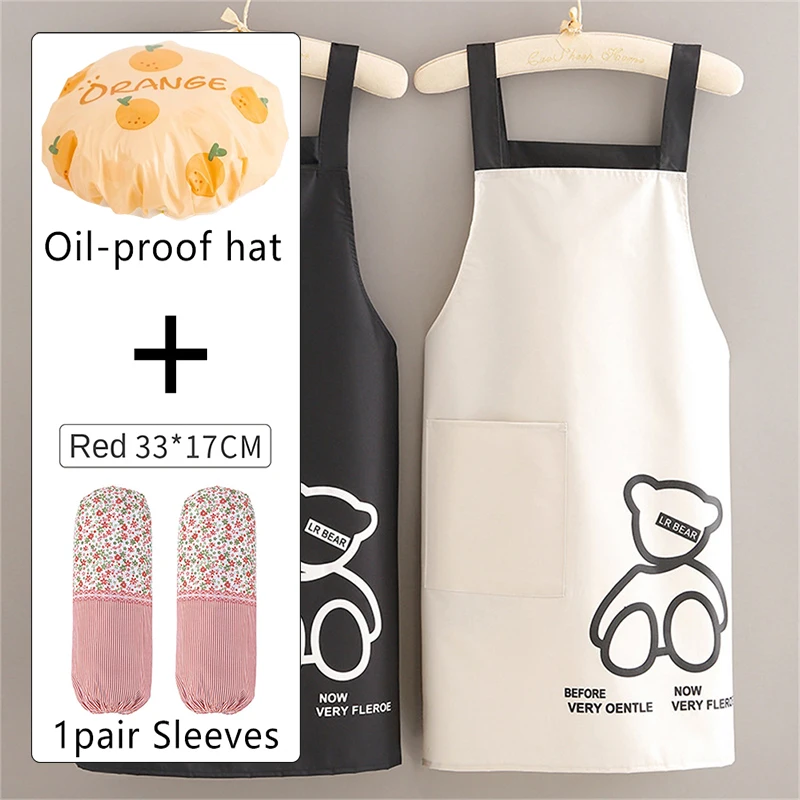 Waterproof Oil-proof Apron with a Small Bear Print Adult Apron Household Kitchen Cleaning Work Clothes