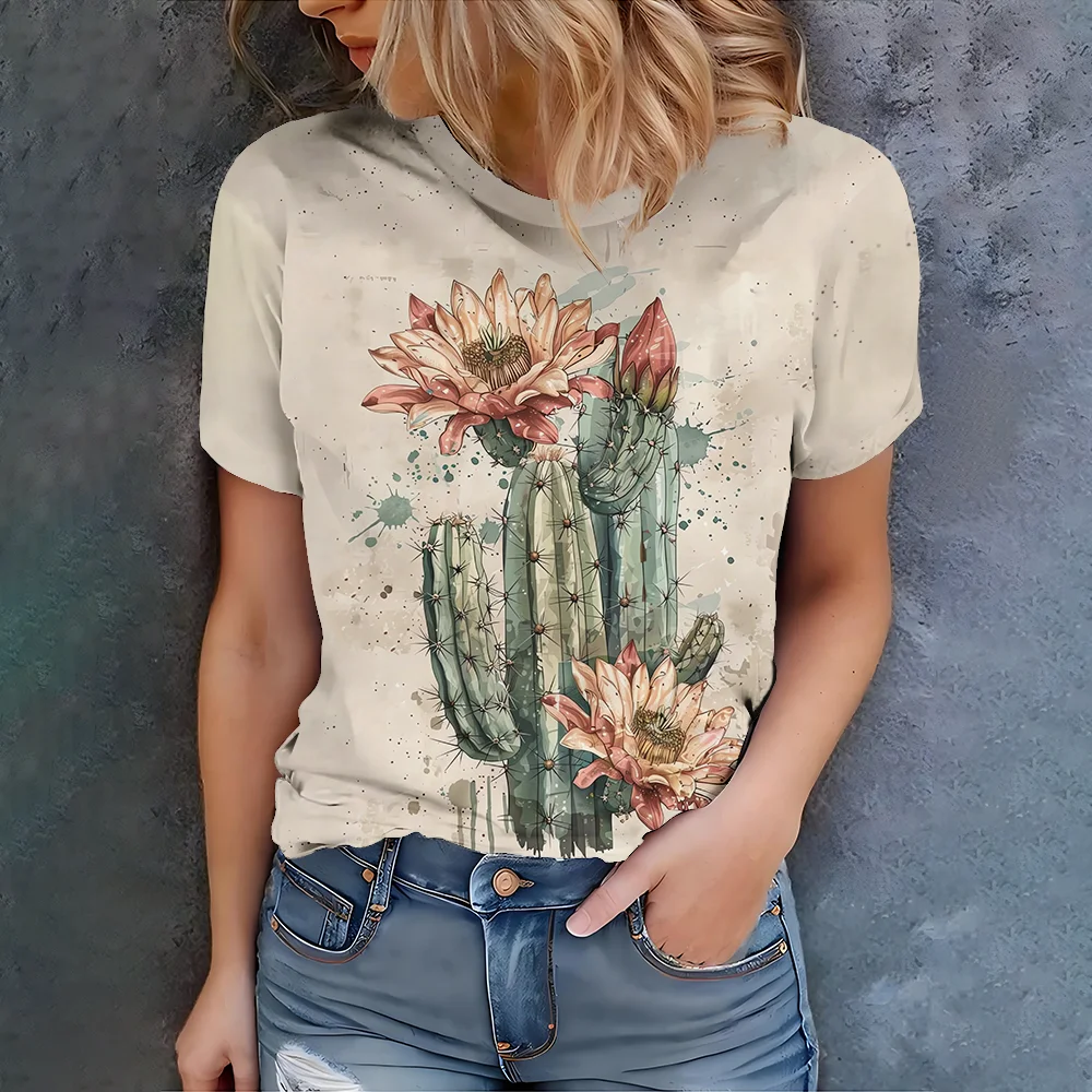 

Ladies' Green Ink Cactus T-shirt, Personalized Pattern Casual Wear - Summer New Product of 2025