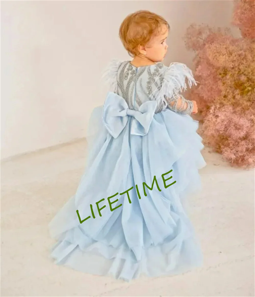 

Cute Blue Flower Girl Dress For Wedding Applique Beading Tulle Layered Puffy With Bow Kids Birthday Party First Communion Gowns