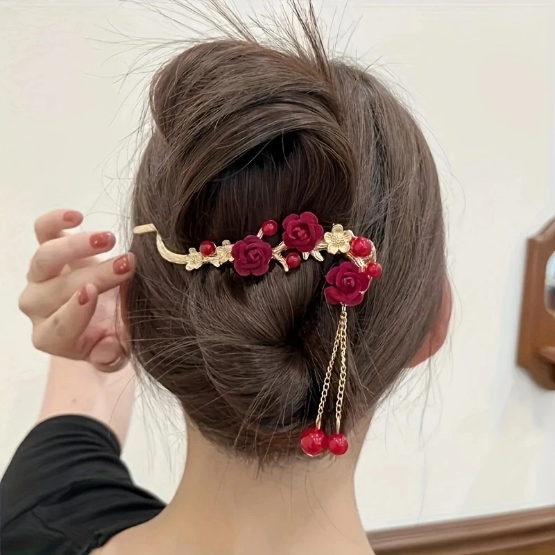 1PC zinc alloy imitation pearl hair ornament, red rose twist clip, high-end elegant headwear, suitable for daily casual wear,