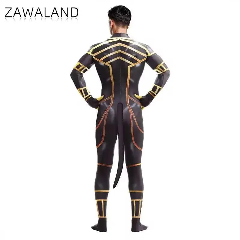 Zawaland Anubis Petsuit Men Cosplay Costume with Tail Carnival Purim Zentai Suit Crotch Zipper Jumpsuit Holiday Party Clothes