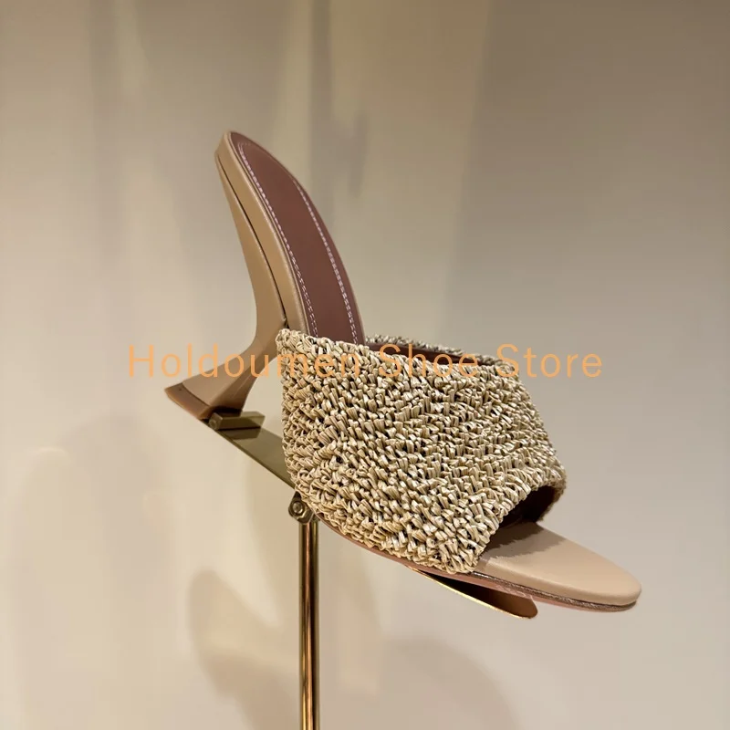 

Bright Orange Fashion Strange Heel Mule Elegant Peep Toe Summer Outdoor Furry Slipper Soft Fluffy Raffia Weave Sexy Mule Slipper