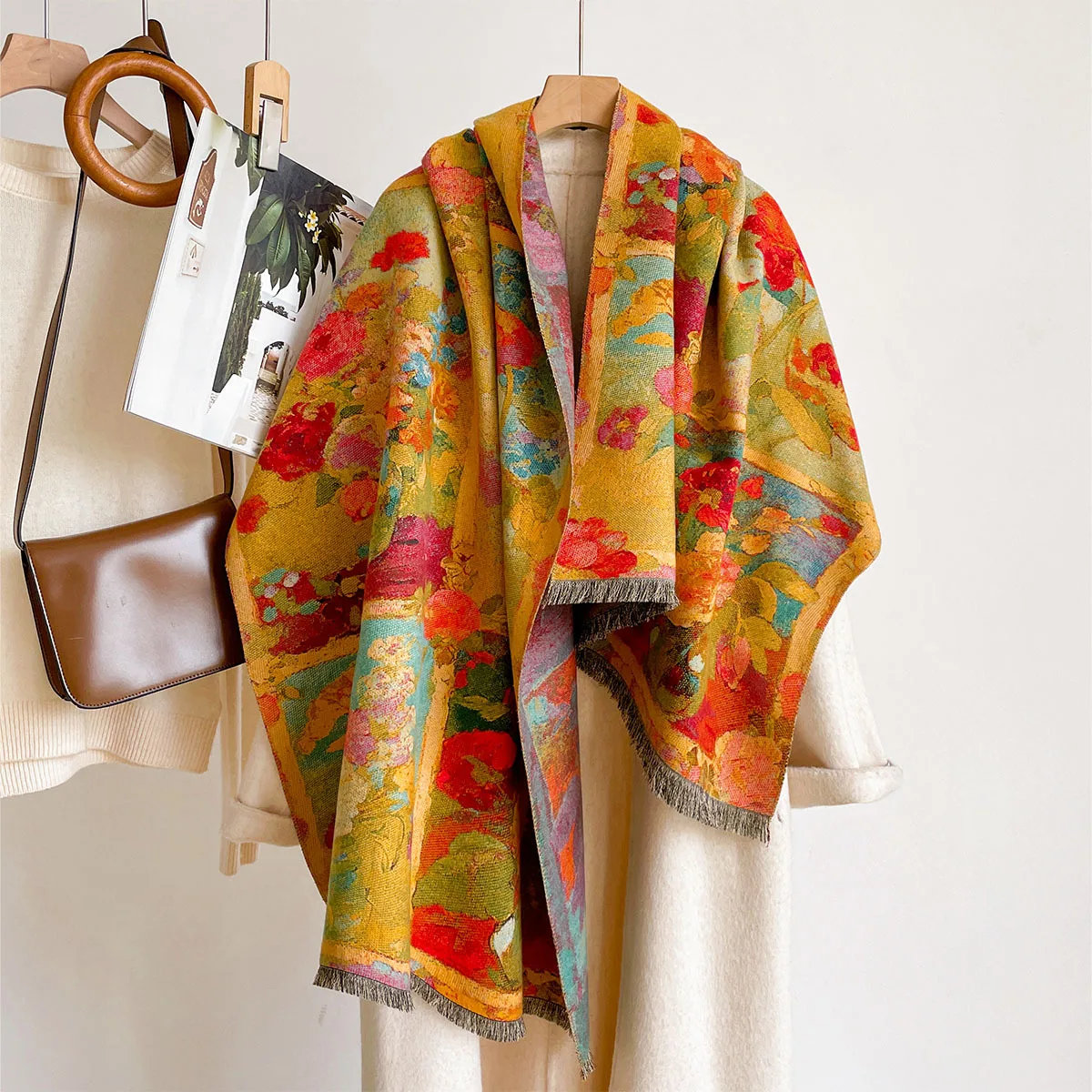 Oil Painting Scarf Autumn Winter Thick Warm Scarves  Ladies Faux Cashmere Poncho New Large Size Shawl Wrap Essential Daily Wear