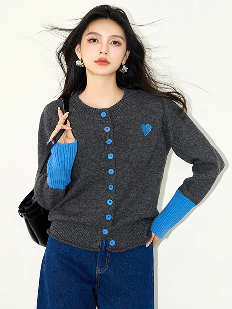 

New Autumn Fashion Contrast color Splicing Long Sleeve Cardigan Sweater Single Breasted Women Casual Outerwears Knitwear