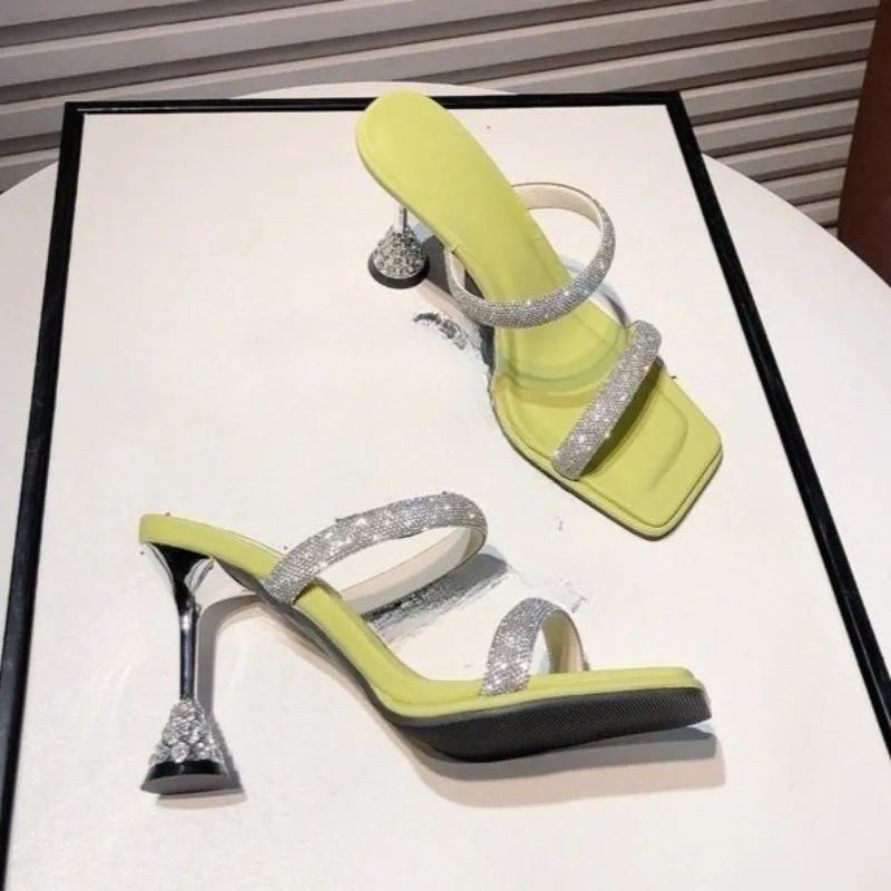 

High Heel Sandals Summer Lady Style Square Head Open Toe Crystal with Cover Foot Non-slip Wear-resistant Flip-flops