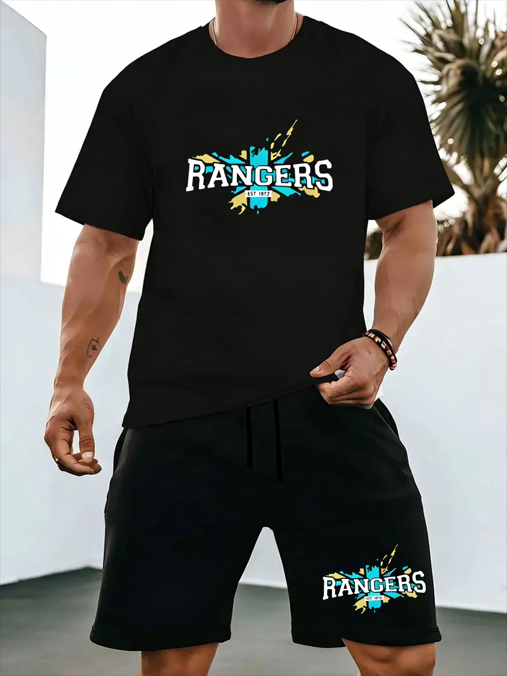 

Summer New Men's 2-Piece Sportswear Set, Crew Neck Short Sleeve Knit T-Shirt & Drawstring Shorts, Cool Comfortable Outfit with