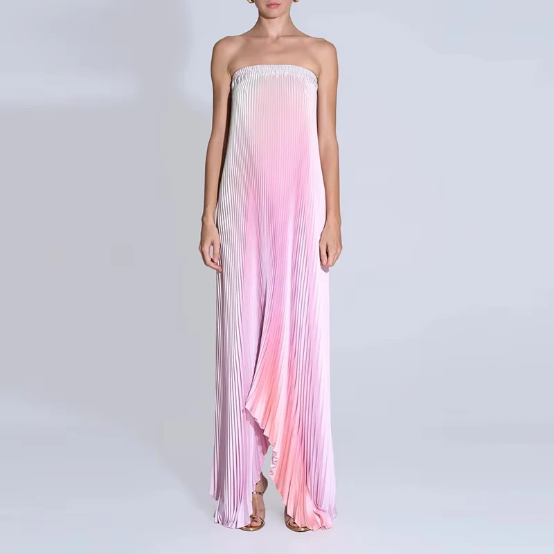 Women Elegant Big Hem One Shoulder Party Dress Show Style Pleated Gala Gowns Banquet New 2024 Gradient Tube Tops Evening Dress