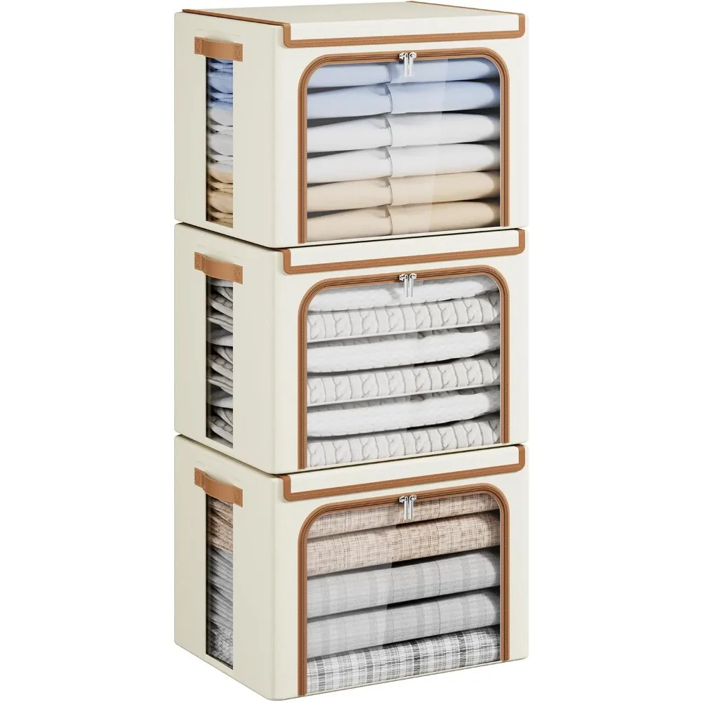 

Foldable Clothes Storage Bins with Metal Frame, Clear Window & Zippers, Stackable Organizer Box (3 Pack, Beige, 40L)