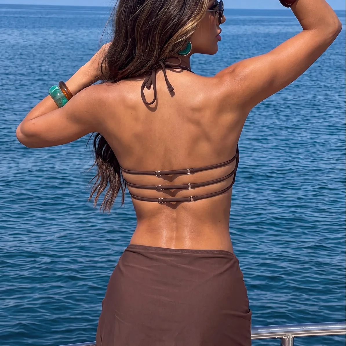 Women Solid Brown 3 Piece Bikini Set U Metal Ring Bandeau Halter Top Side Split Swim Skirt Cover Up Swimsuit Beach Bathing Suit