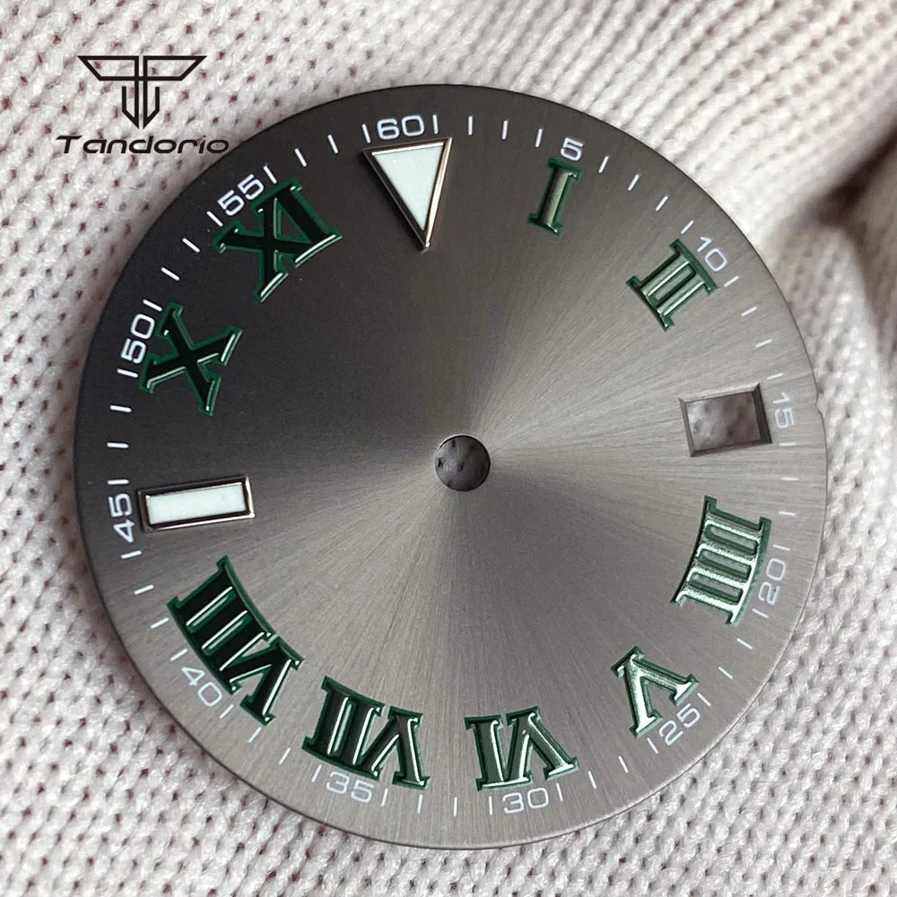 29mm Grey Sunburst Watch Dial Face Fit NH35 Green Roman Marks Date Window Hands Set Men Automatic Watch Mod Parts Accessories