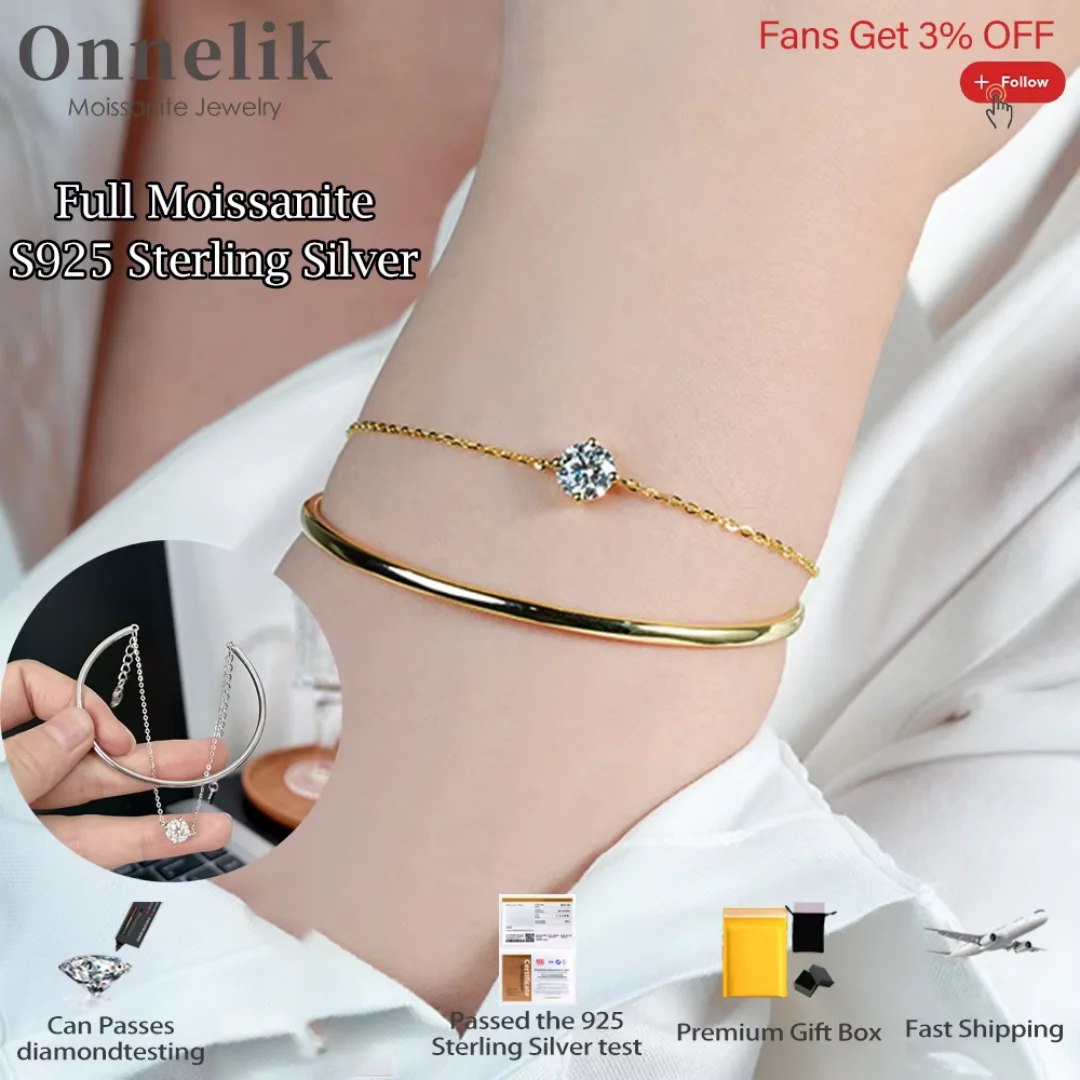 

Onnelik D VVS1 1CT Муассанит с бриллиантами, браслет с двойной цепочкой, серебро 925 пробы для женщин, сверкающие свадебные ювелирные украшения