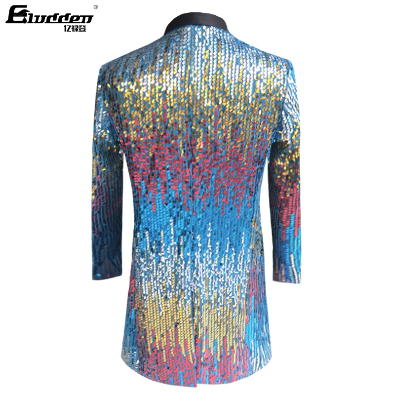 Male Shawl Lapel Gradient Colorful Sequins Long Suit Blazer Men laser tinsel Sequins long Stage singer Costume Shiny trench coat