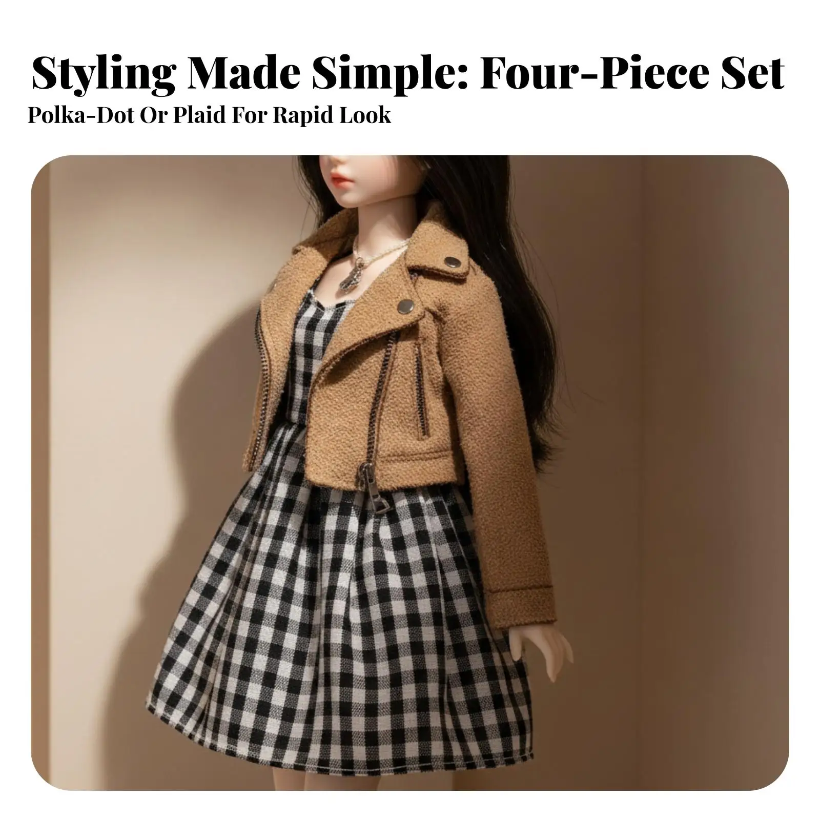 Faux Suede Doll Jacket Outfit Set with Pleated Skirts and Necklace for 20cm Plush Dolls Clothes