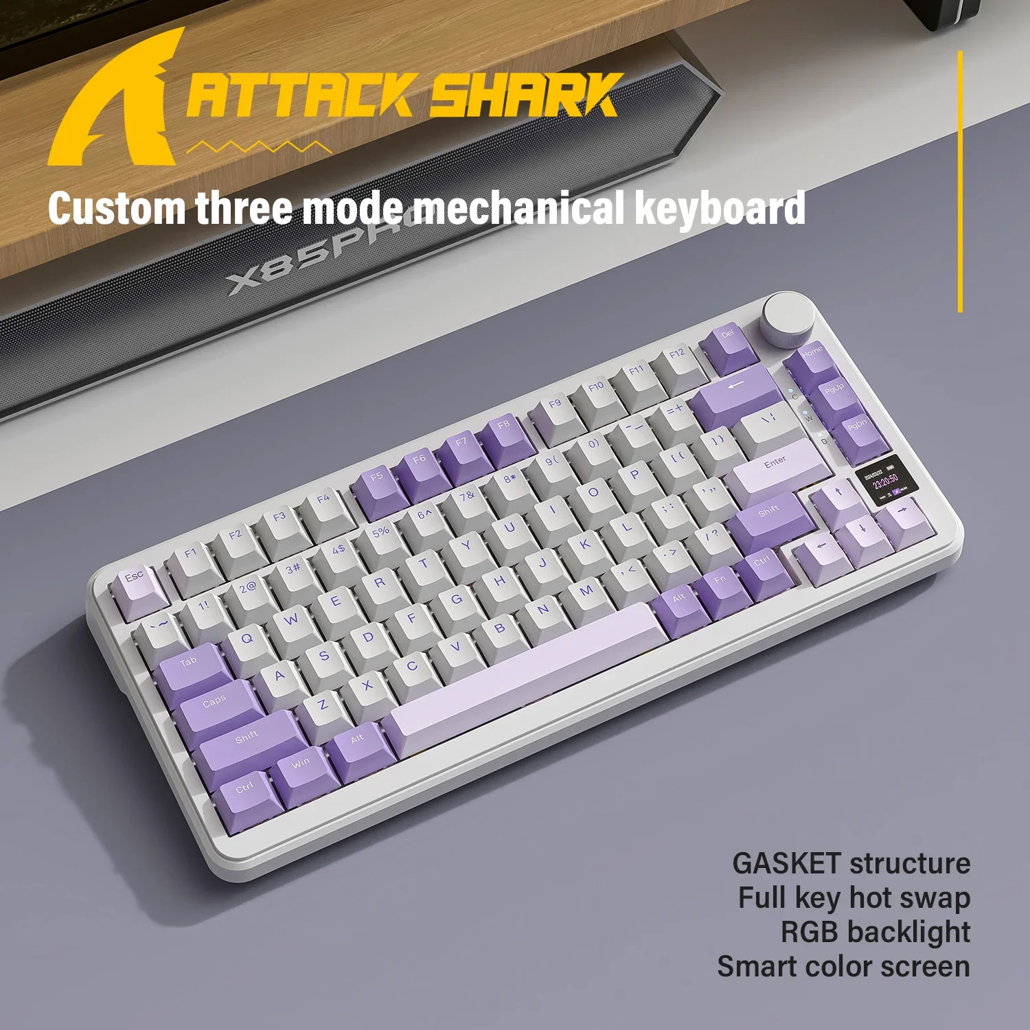 

Механическая клавиатура Attack Shark X85PRO с ручкой из сплава, интеллектуальный цветной экран, структура ПРОКЛАДКИ, горячая замена полной клавиши, подсветка RGB, Win/Mac