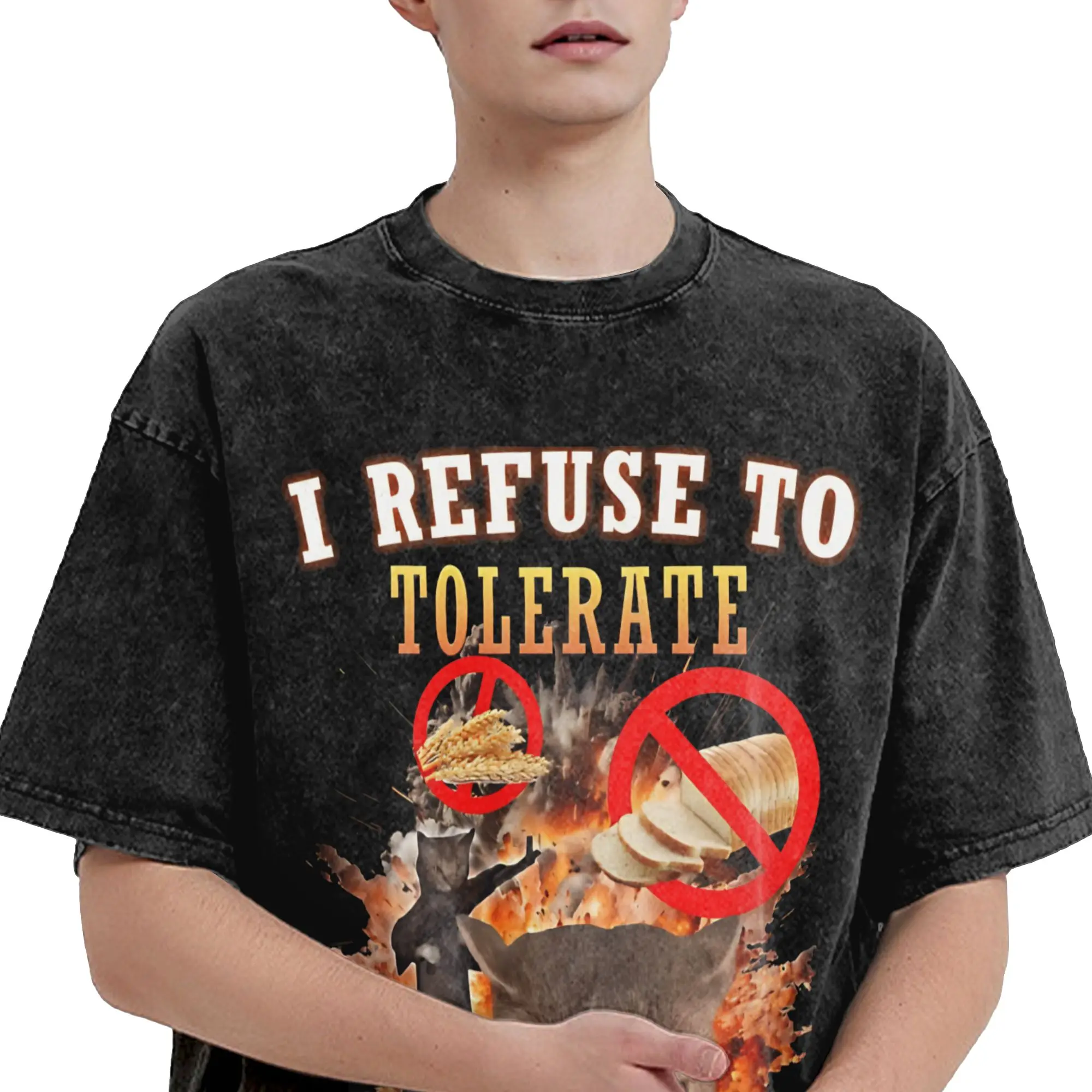 I Refuse To Tolerate Gluten Funny Cats Merch Washed T Shirt Men Women Streetwear Hip Hop T-Shirt Summer  Tees Tops Cotton