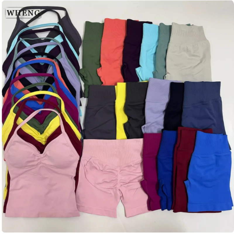 

WHENG Women Gym Clothes Longline Strappy Top and Seamless Running Shorts Sports 2 PCs Fitness Suit Running Workout Yoga Set