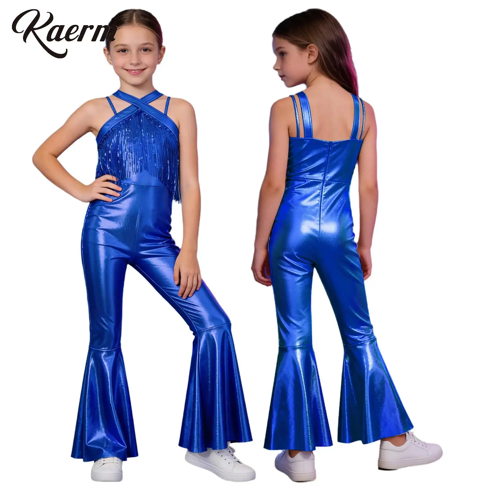 

Girls Metallic Hippie Costume Bodysuit Kids 60 70S Disco Party Rompers Shiny Sequins Jazz Dance Jumpsuit Bell Bottom Long Pants