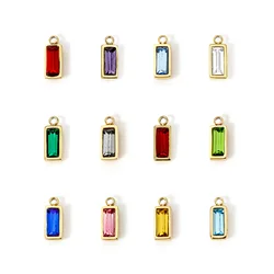 1 Piece 304 Stainless Steel Birthstone Charms 14K Gold Plated Rectangle Mini Cubic Zirconia Pendants For DIY Jewlery Making