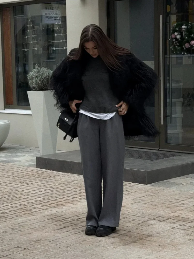 

Solid Color Round Neck Loose Kintted Pullover Sweater Lady Full Sleeve Short Top Lady Fashion Commute Street Casual Outwear New