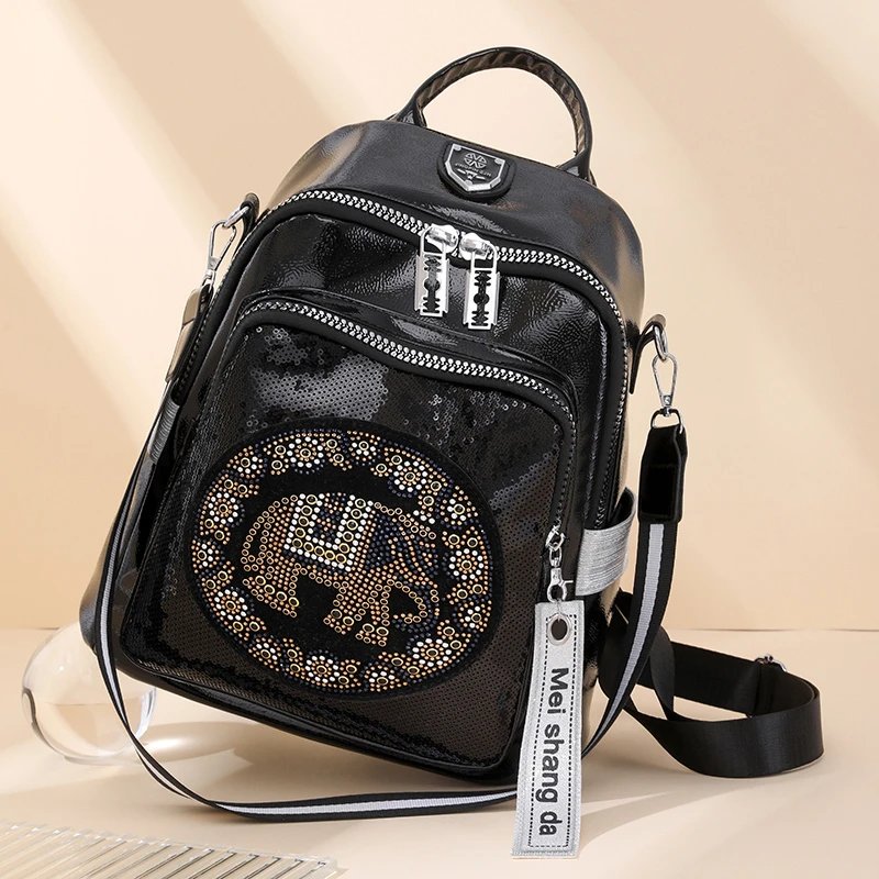 New Fashion Trend Diamond Inlaid Women\'s Backpack High Quality Soft Leather Female Shoulder Bag Large Capacity Girl Travel Bags