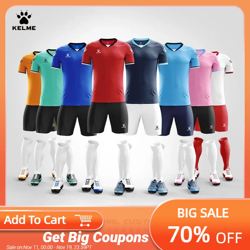 

Комплект футбольного костюма Kelme, мужской тренировочный костюм с короткими рукавами и v-образным вырезом, Джерси для взрослых, командный комплект, футбольная майка