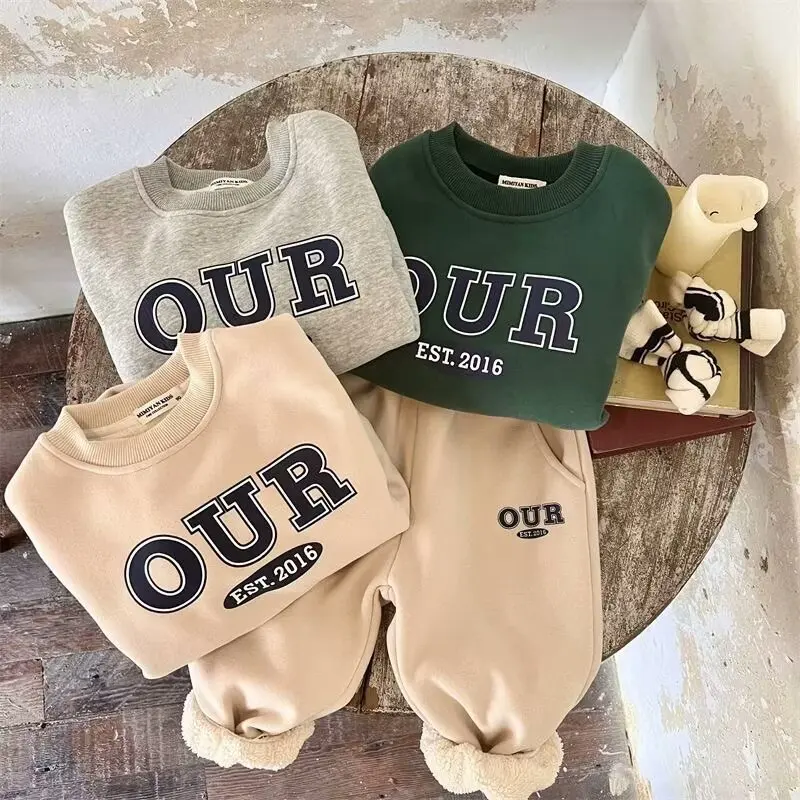 New Children Sweatshirt Set Autumn Winter Baby Boys Girls Suit Hooded Velvet Thick Hooded Sweatshirt Sweatpants New