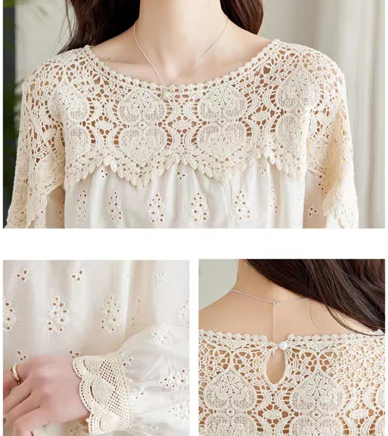 Apricot Cotton Lace Hollow Long-sleeved Blouse Female Autumn Korean Loose Large Size Design Sense of Fashion Casual Shirt Z625