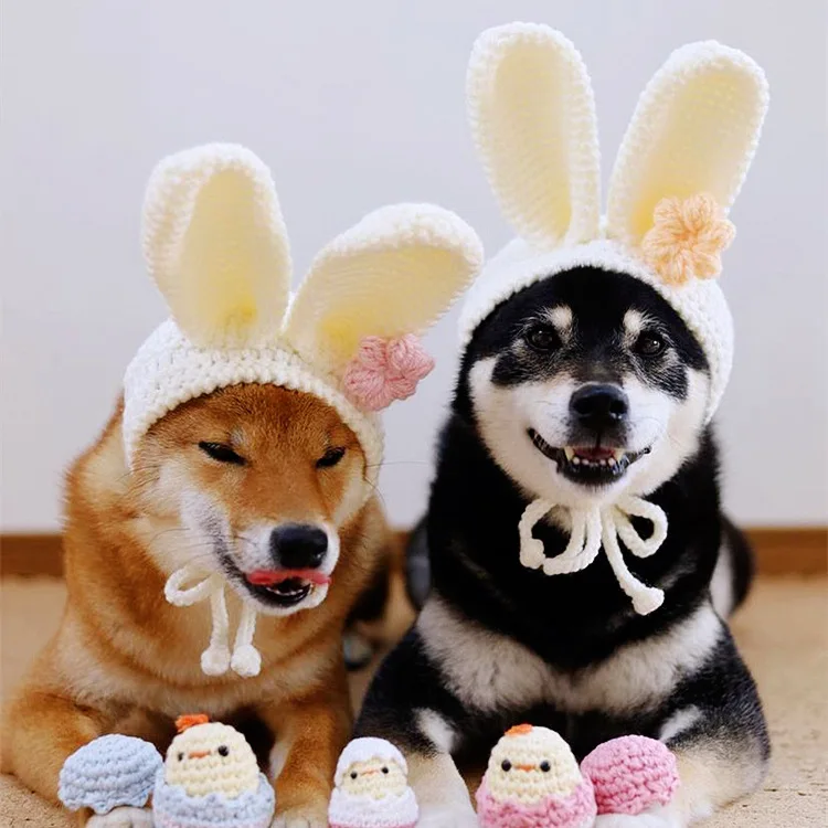 2022 Hot Sale Hand Hook Cute Little White Rabbit Ear Husky Akita Zhongda Pet Dog Cat Dress Hat