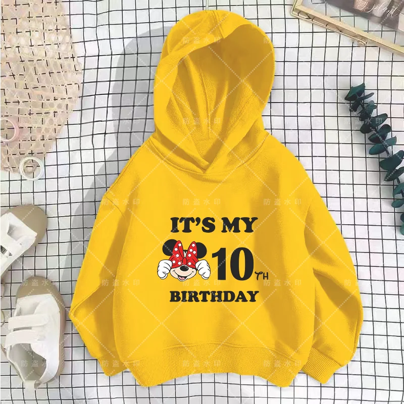 Disney-Sudadera con capucha de Minnie Mouse para niño y niña, ropa con dibujos animados, Kawaii, número de cumpleaños, 3-12