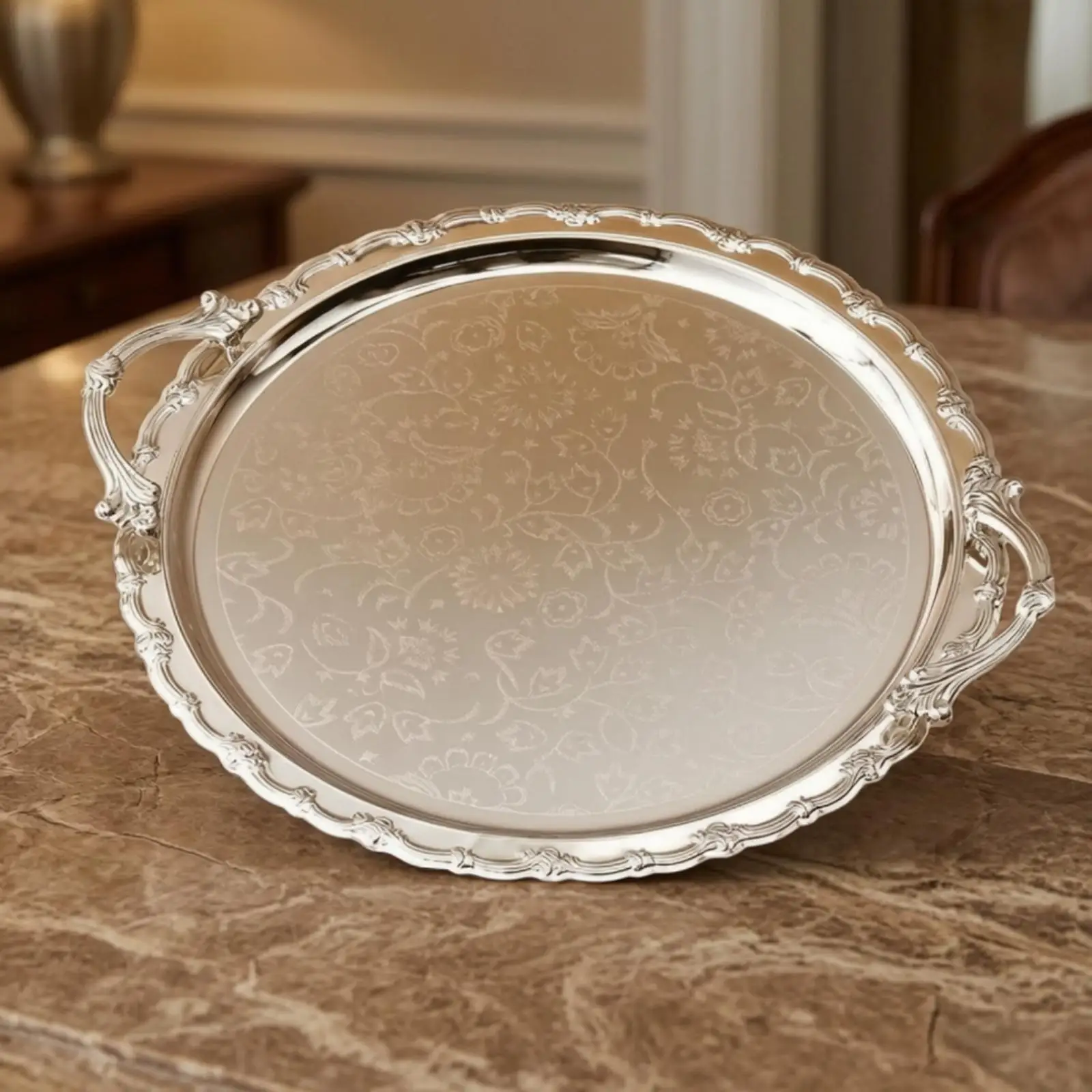 Round Silver Serving Tray with Handles Ornate Floral Etched Design for Tea Dessert Display Vanity