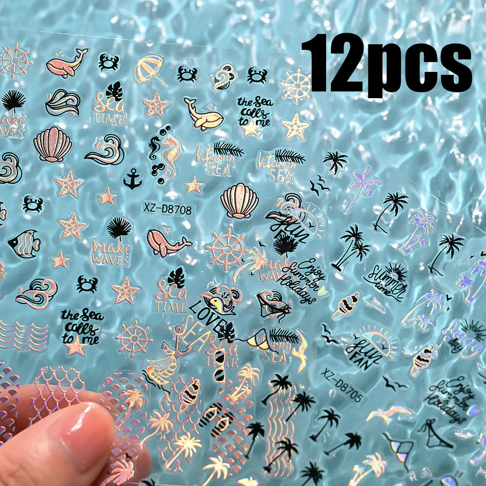 

12pcs Rainbow Black Y2k Sea Nail Art Sticker 3D Conch/Starfish/Mermaid Nail Slider 10*8CM Summer Beach Ocean DIY Manicure Decals