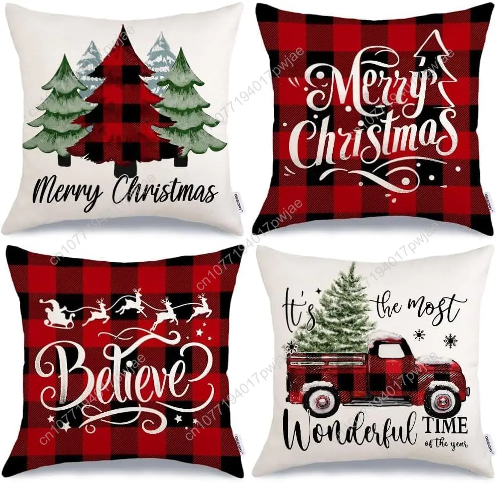 GEEORY Merry Christmas Throw Pillow Covers 18x18 Inch Set of 4, Xmas Trees Truck Buffalo Plaid Believe Farmhouse Decorative Cush