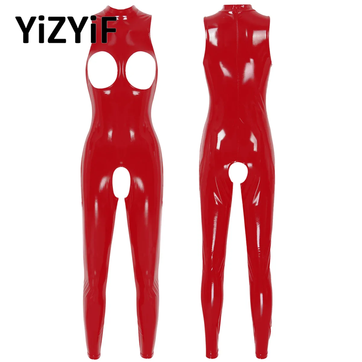 

Women Sexy Latex Catsuit Wetlook Patent Leather Crotchless Jumpsuits Bodysuit Open Cups Breasts Exposed Tight Clubwear