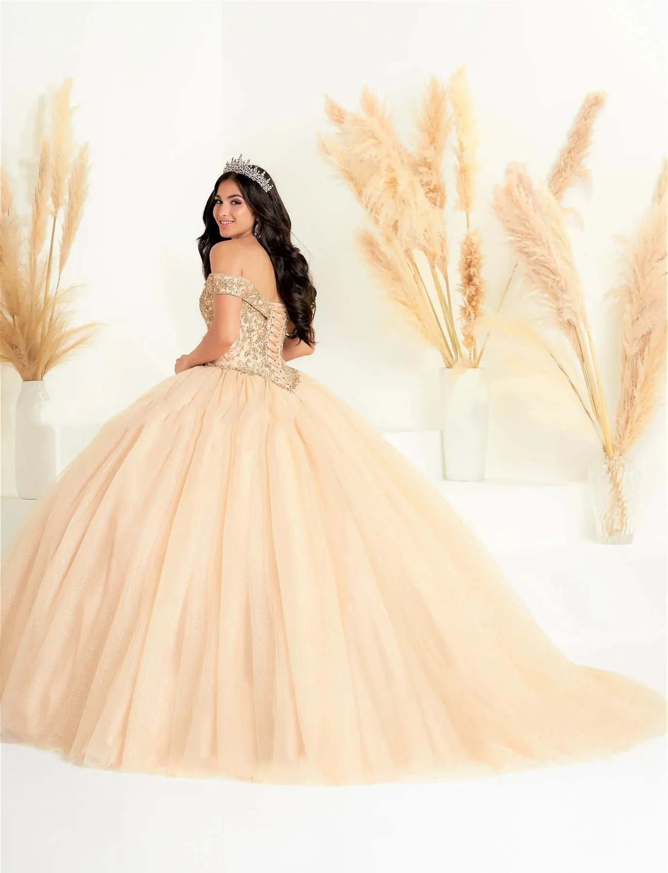 Vestidos de quinceañera champán, vestido de baile sin hombros de tul con cuentas mexicanas dulces 16 vestidos 15 años