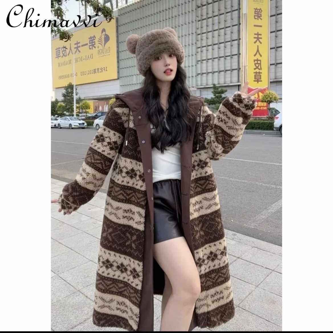 

High-End Mid-Length Warm Thickened Hooded Particle Coat Autumn Winter New Fashion Fake Two-Piece Loose Casual Women's Overcoat