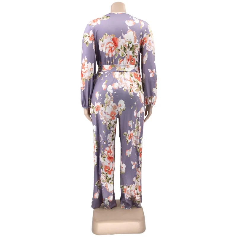 Perl Printed Curved Plus Size Clothing Fashion Loose Jumpsuit with Belt Wide Leg Overall Large Size Feminino Rompers Outfit