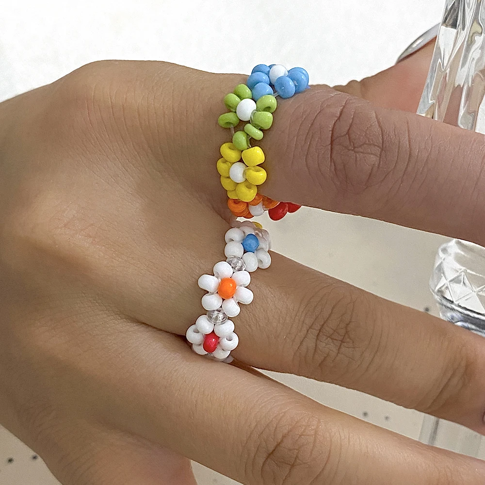 AENSOA Colored Rice Bead Petal Shape Elastic Ring For Women Summer Outdoor Dopamine Bohemia Personality Popular Handmade Jewelry