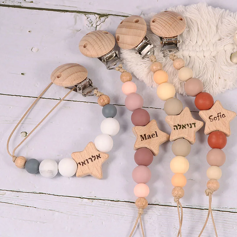 Custom Name Wooden Personalized Baby Pacifier Chain Silicone Bead Dummy Nipple Holder Guard Teether Pendant  Newborn Gift Stuff